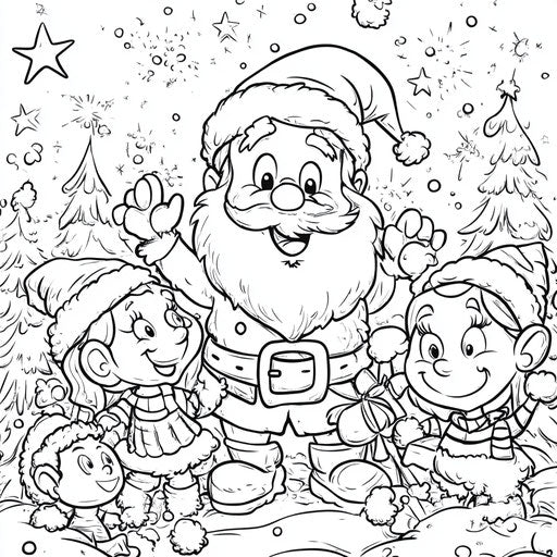 Happy Christmas with Santa and elves, cartoon style