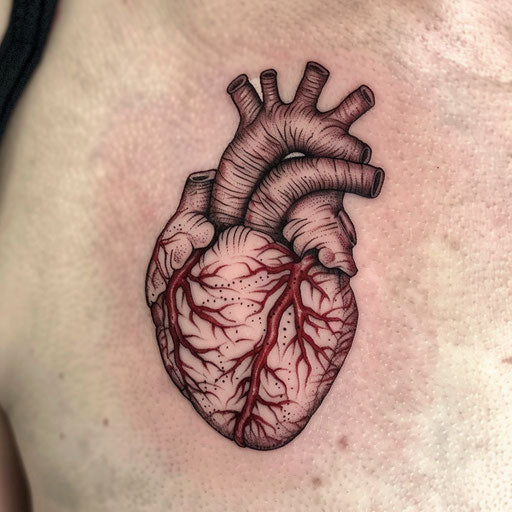 Anatomical heart tattoo with realistic details, subtle red shades