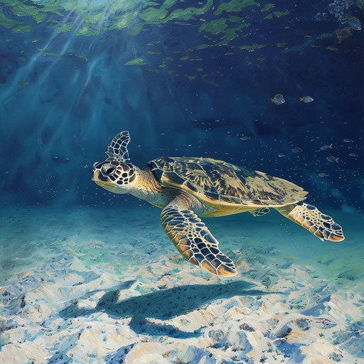 Sea turtle gliding over sandy seabed with fish