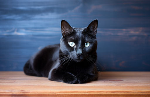 Black cat on wooden table, light indigo and gray style