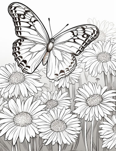 Butterfly and daisies, monochromatic color scheme