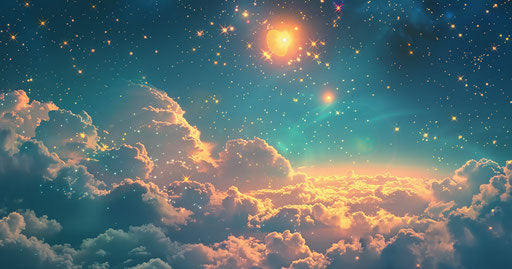 Stars and clouds with suns, sky-blue and gold style