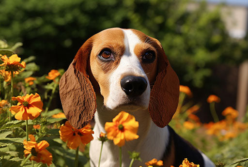 Beagle dog in a garden, exaggerated facial features