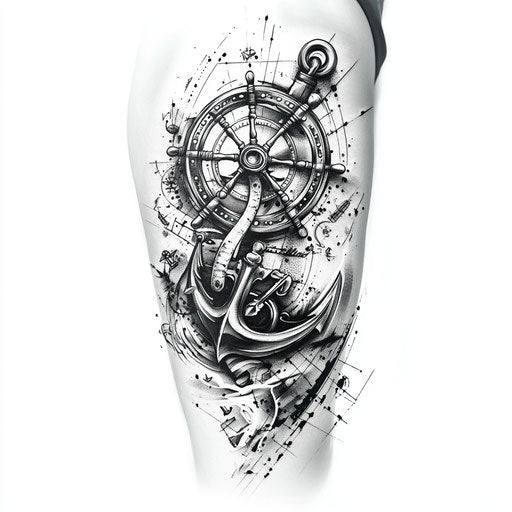 Male thigh tattoo with anchor and ship wheel in dark tones