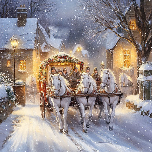 White horses pulling a decorated wagon through a charming village