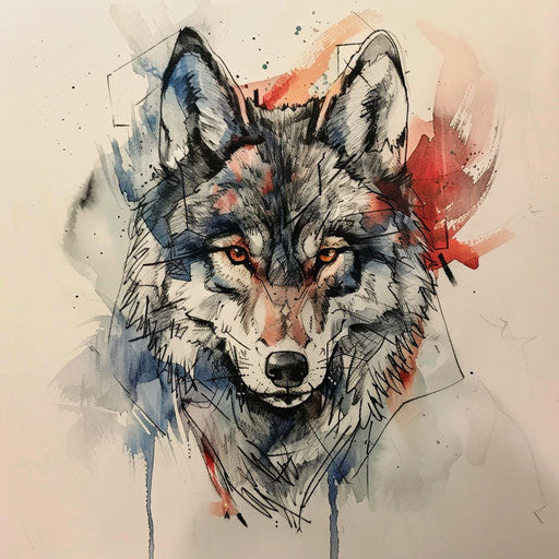 Watercolor tattoo sketch of a wolf with blending colors and a translucent effect