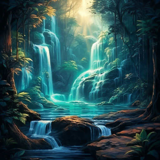 Amazing jungle waterfall, dark turquoise and light beige style