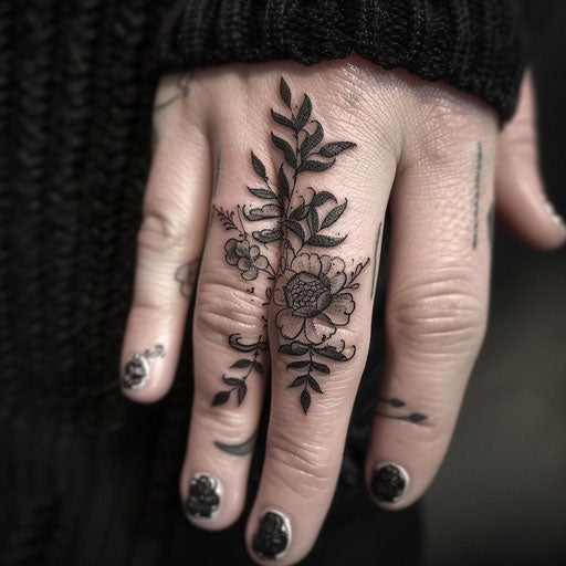 Finger tattoo with delicate floral designs, Merian style