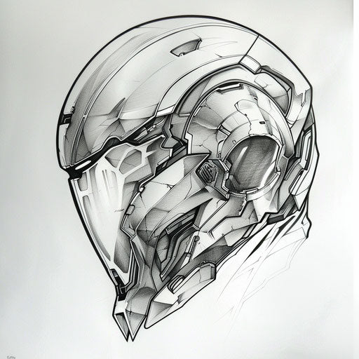 Sketch of futuristic spartan helmet tattoo with sleek metallic accents