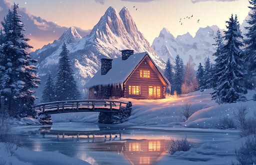 Cozy winter cabin in snow-covered mountains