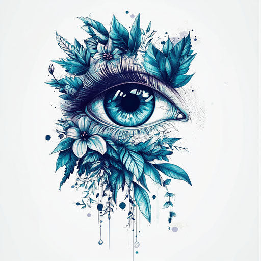 Eye tattoo sketch with floral motifs and leaves