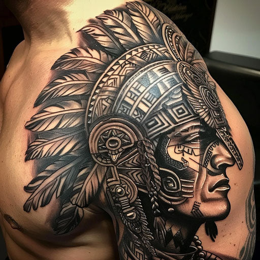 Aztec warrior fusion tribal tattoo, mix of tribal elements and Aztec designs, on white background.