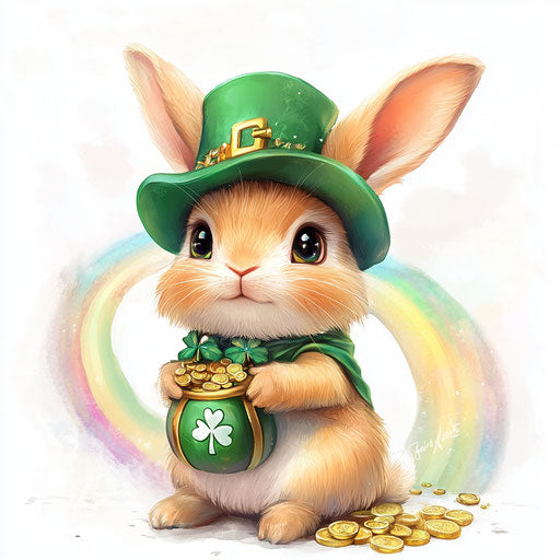 Cute Baby Rabbit with Green Hat and Gold Pot