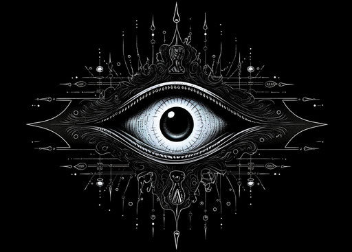 Providence eye with satanic symbols, image of all-seeing eye in the style of Cerith Wyn Evans, inverted black and white, shiny mystical symbols