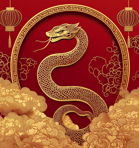 Paper-cut snake pattern on red background with golden lines