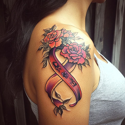 Cancer tattoo with floral ribbon design on shoulder in Ed Hardy style