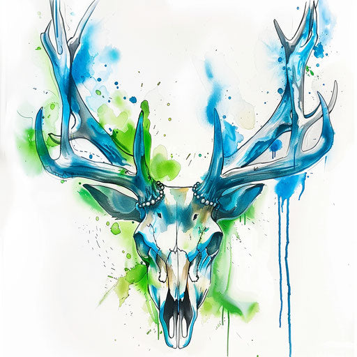 Watercolor style deer skull tattoo with blue and green splashes