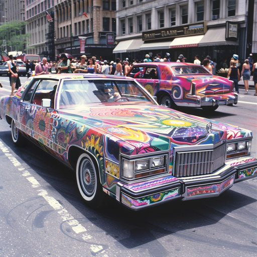 Art car Cadillac in parade with vibrant murals