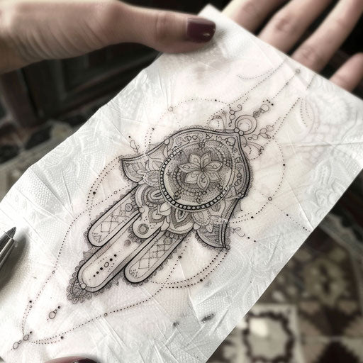 Elegant hamsa tattoo with delicate lace on white paper