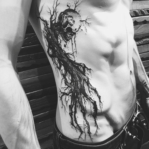 Men's dark rib tattoos with Brom-style surrealism