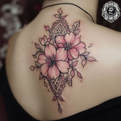 Japanese cherry blossom tattoo with mandala on shoulder blade