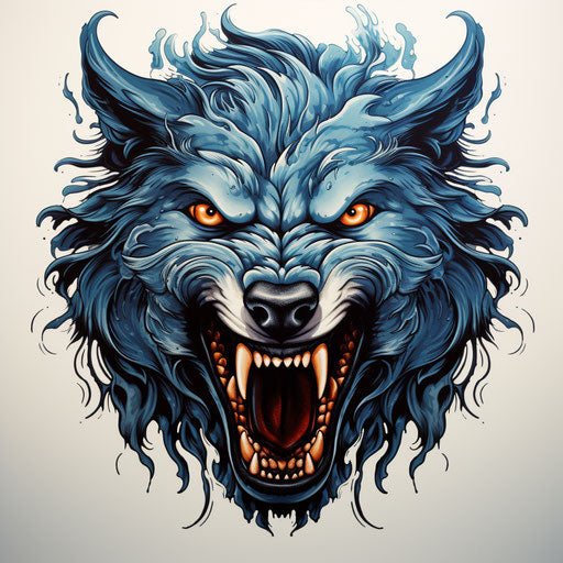 Wolf head on white background, dark gray and light blue