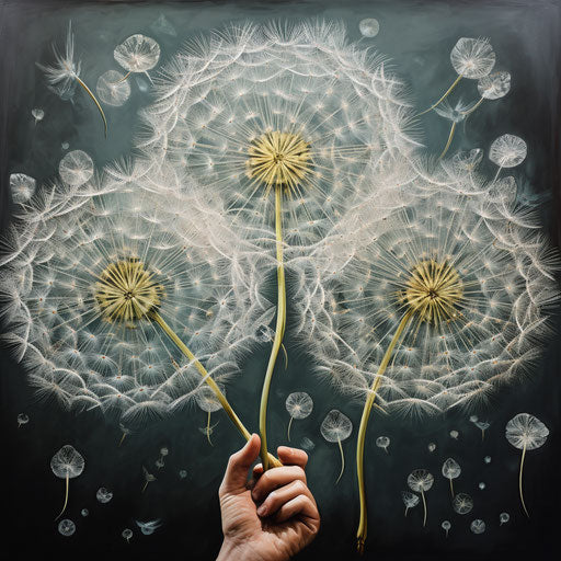 Dandelion drawings in fused glass art style, precise and dotted