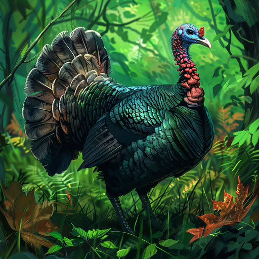 Wild turkey in a lush green meadow