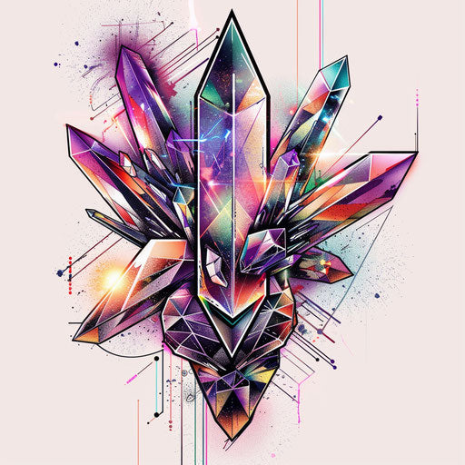 Futuristic flat tattoo sketch of a digital crystal with holographic effects and metallic shades