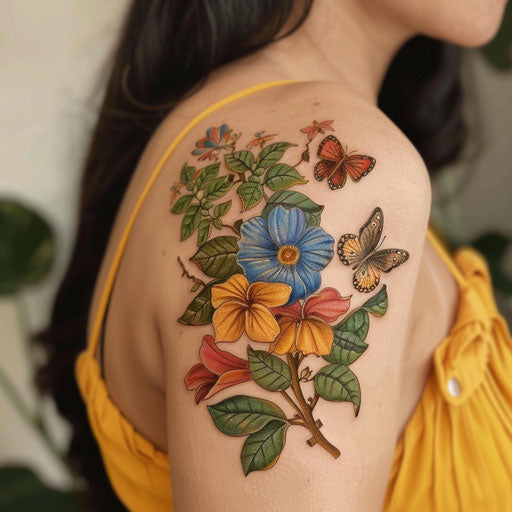 Botanical shoulder tattoo with exotic flowers and butterflies