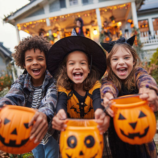 Children in Halloween costumes with pumpkin-shaped buckets