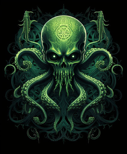 Green octopus gothic horror style skull motifs