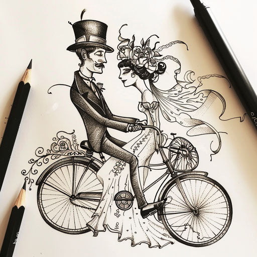 Whimsical flat tattoo sketch of a bride and groom riding a vintage bicycle