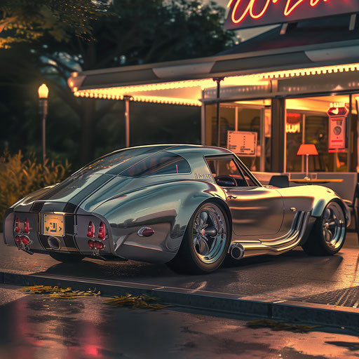 Retro-futuristic car with 1950s rocket inspiration at diner