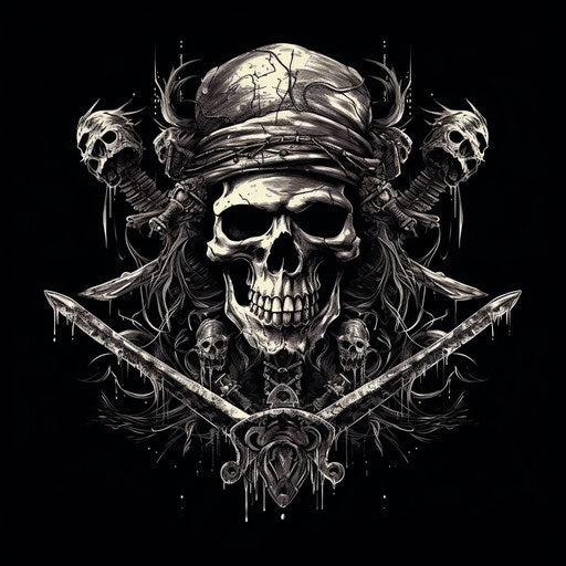 Pirate skull with swords, monochromatic graphic design, authentic details