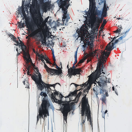 Abstract oni face with splashes of color on white canvas