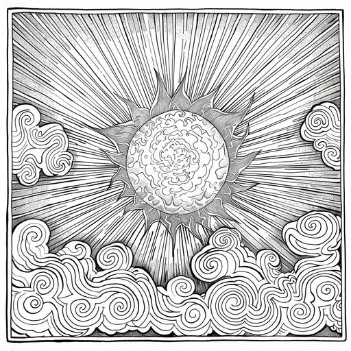 A sun with swirling, dynamic rays in a fantasy sky. Coloring book page