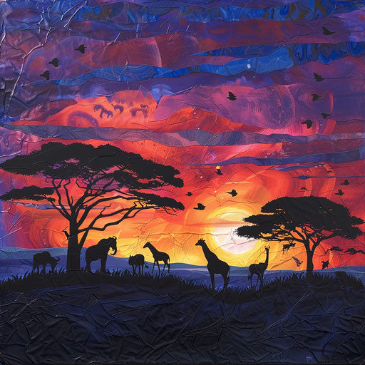 Animals silhouetted against a vibrant sunset on the African plains