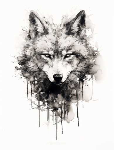 Black and white wolf head drawing, free brushwork style
