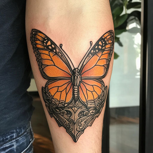 Butterfly tattoo on arm with medieval armor
