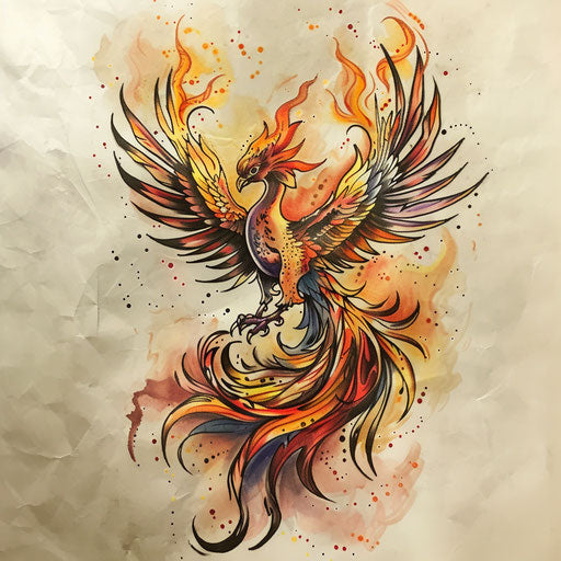 Elegant flat tattoo sketch of a phoenix rising from flames