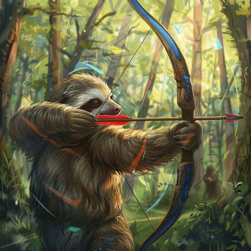 A sloth practicing archery in a peaceful forest clearing