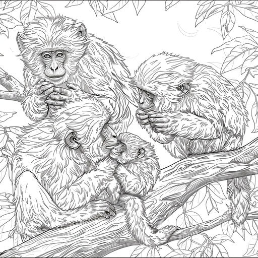 Detailed scene of a family of monkeys grooming in a tree.
