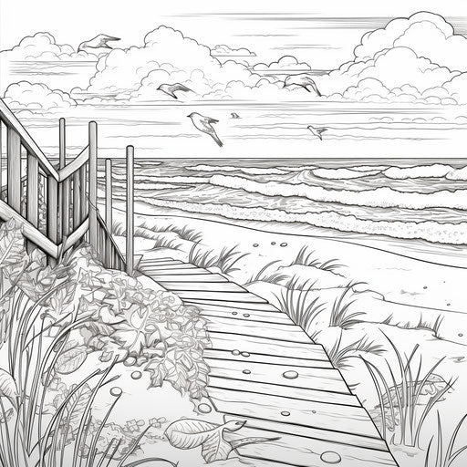 Captivating printable beach coloring sheet in precisionist style