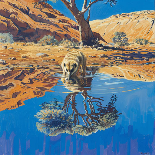 Reflection of a meerkat drinking water, serene water body in a desert oasis setting