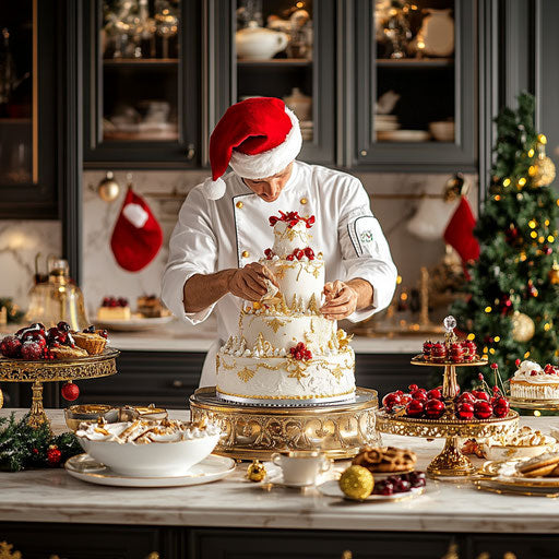 Gourmet kitchen with chef and holiday cake