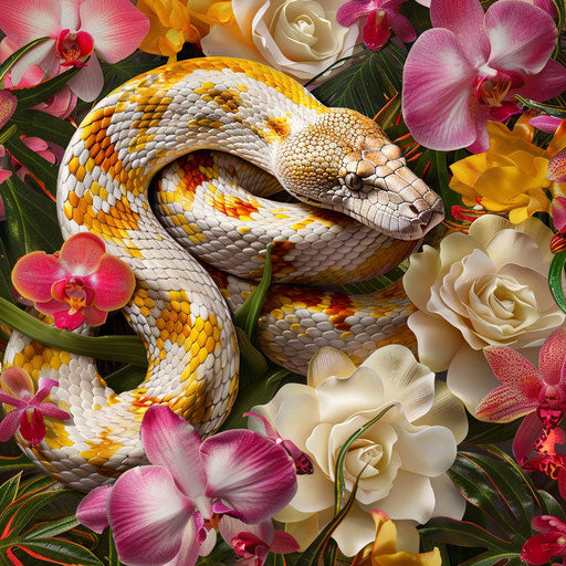 Python snake with vibrant jungle flowers