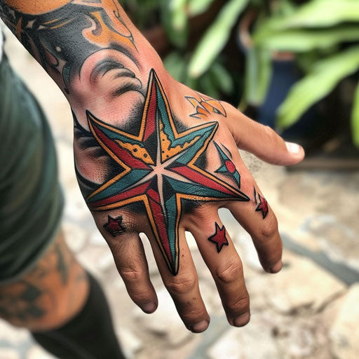 Hand tattoo of a nautical star