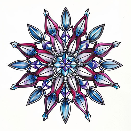 Clipart style tattoo sketch of a snowflake with a stained glass effect