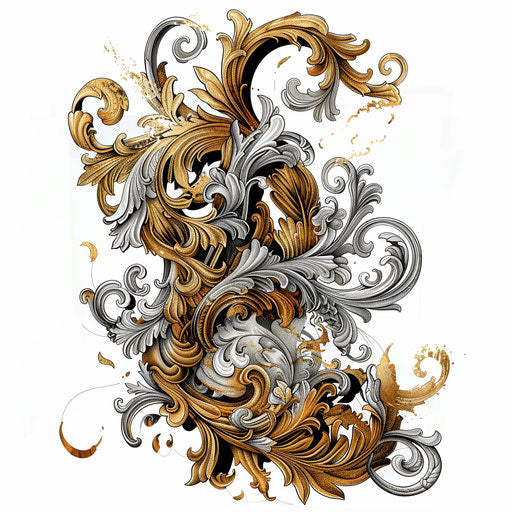 Flat clipart baroque style tattoo sketch for dark arts tattoo with intricate gold filigree